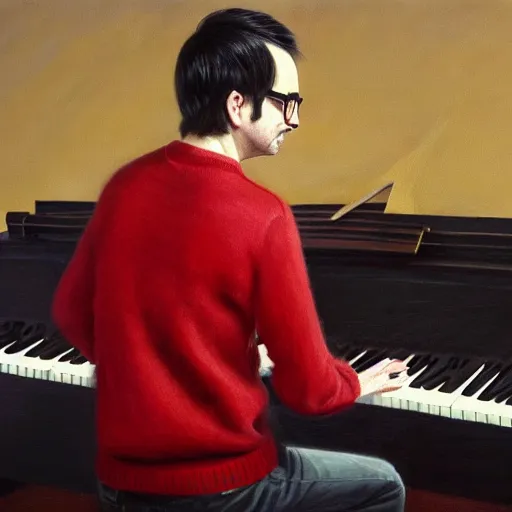 Prompt: An Oil Painting of the back view of Rivers Cuomo in a sweater with long hair and a mustache masterfully playing the piano, hyperrealistic, extremely realistic, highly realistic, HD Quality, 4k resolution, 8k resolution, Detailed, Very Detailed, Highly Detailed, Extremely Detailed, Intricate Details, Real, Very Real, Oil Painting, Digital Painting, Painting, Trending on Deviantart, Trending on Artstation