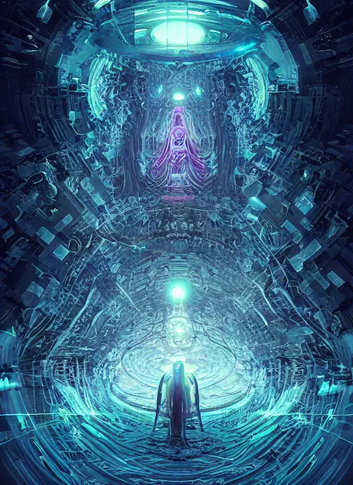 Prompt: a machine god in the machine universe encounters a living being organic cosmos inside an asymmetric orthogonal non - euclidean upside down inside out world with an infinite cosmic spiral waterfall of living information, inspired by android jones and beeple, hyperrealistic, extreme detail, digital art, concept art, rendered in cinema 4 d, cryengine 8 k