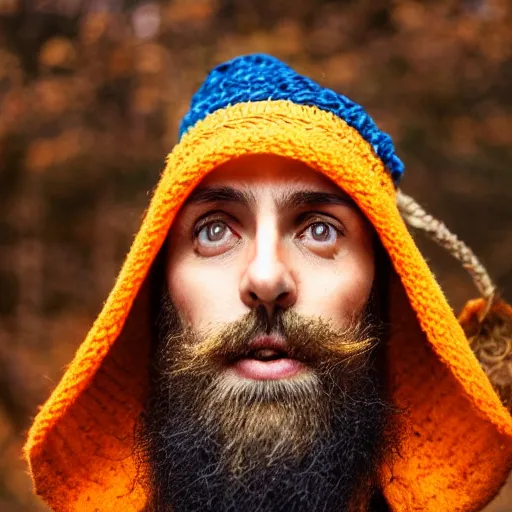 Image similar to A bearded wizard with an orange beanie, dramatic, cinematic, (EOS 5DS R, ISO100, f/8, 1/125, 84mm, postprocessed, crisp face, facial features)