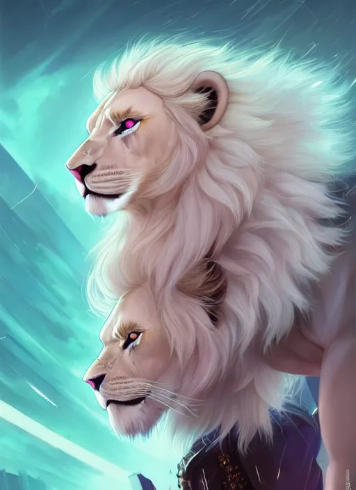 Image similar to aesthetic portrait commission of a of a male fully furry muscular anthro albino lion with a tail and a beautiful attractive hyperdetailed face wearing stylish and creative wearing mint outfit made out of silk in a sci-fi dystopian city at golden hour while it storms in the background. Character design by charlie bowater, ross tran, artgerm, and makoto shinkai, detailed, inked, western comic book art, 2021 award winning film poster painting