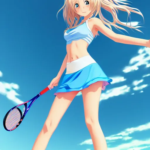 Image similar to a very beautiful young anime tennis girl, full body, long wavy blond hair, sky blue eyes, full round face,, bikini, miniskirt, front view, mid - shot, highly detailed, cinematic wallpaper by stanley artgerm lau