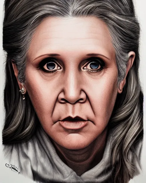 Image similar to portrait of carrie fisher, gritty, dark, very detailed eyes, hyperrealistic, very detailed painting by Glenn Fabry, by Joao Ruas, by Artgerm