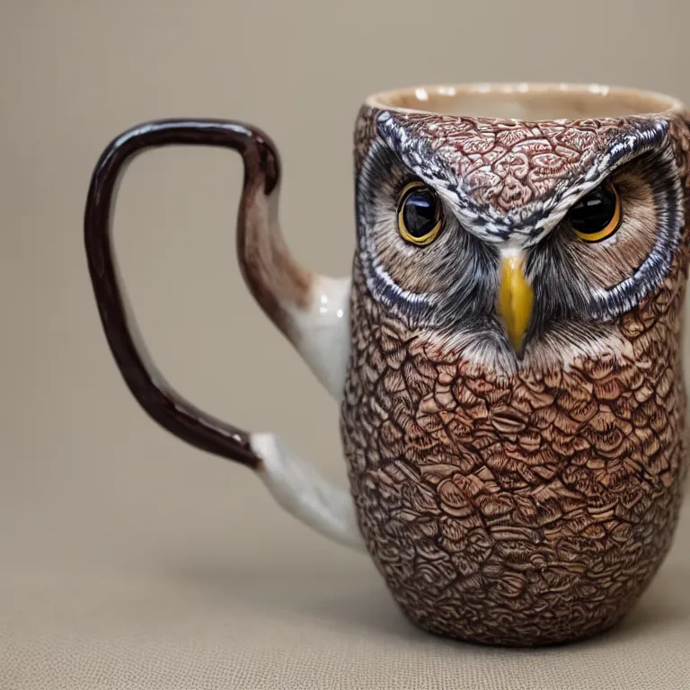 Prompt: Studio Photograph of Beautiful Curvy handmade Porcelain Coffee Mug with Sgraffito Carving of a Tropical Screech Owl on the outside, Glossy glaze Bright Intense Colors shocking detail hyperrealistic trending on artstation