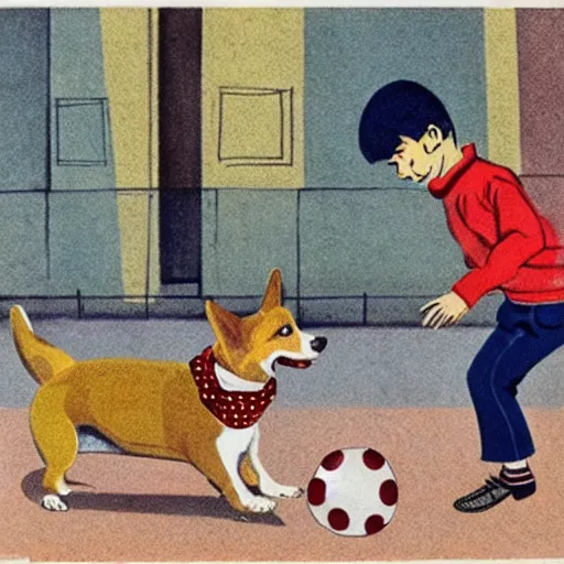 Image similar to book illustration of a french boy on the streets of paris playing football against a corgi, the dog is wearing a polka dot scarf, 1 9 6 6