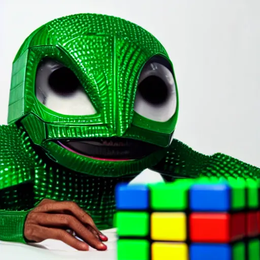 Prompt: a green alien trying to figure out what a rubiks cube is