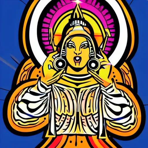 Image similar to svg vector sticker of absolutely divine-deity-angel, rocking out, wearing headphones, huge speakers, dancing, rave, DJ, spinning records, digital art, amazing composition, rule-of-thirds, award-winning, trending on artstation, featured on deviantart