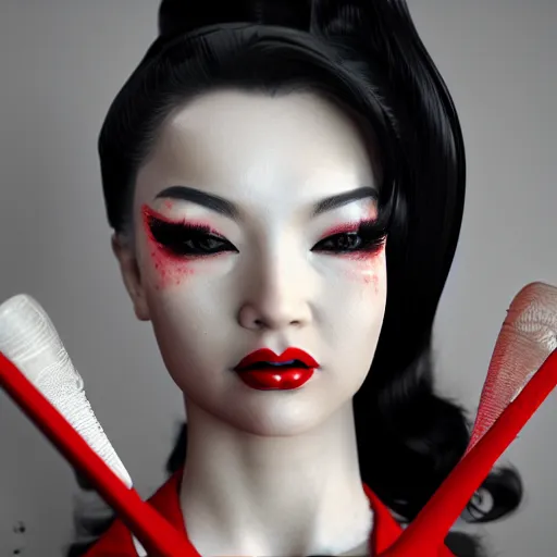 Prompt: pinup geisha, full body, goddess, cinematic lighting, beautiful face, horror, ultra detail, ultra realistic, photo realistic, octane render,