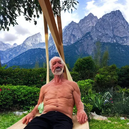 Image similar to my older italian wise friend on a hammock, reading new book, gravity is strong, he is very relaxed, muscular legs, mountains in a background