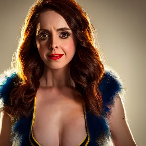 Image similar to Alison Brie as Giganta, film grain, EOS-1D, f/1.4, ISO 200, 1/160s, 8K, RAW, symmetrical balance, in-frame, Dolby Vision