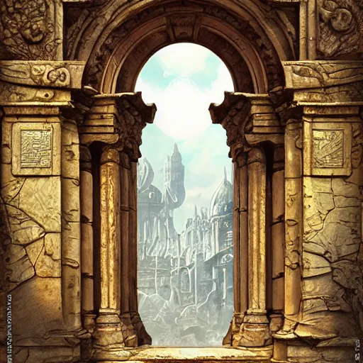 Prompt: carved futuristic door at the end of ancient ornate steps shows a large window to a city detailing the vast architectural scientific ancient and cultural acheivements of humankind, magical atmosphere, jorge jacinto, andreas rocha, damian kryzwonos, ede laszlo, christian reiske, trending on artsation, digital art, cinematic blue gold