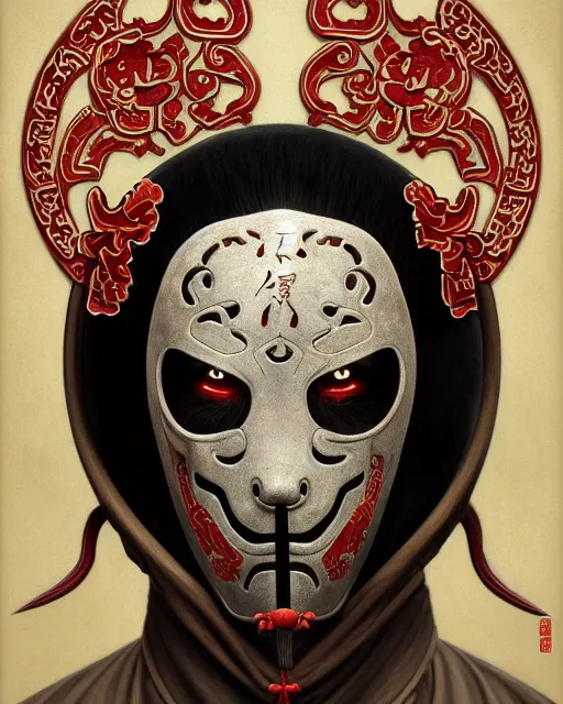 Image similar to portrait of slipknot band, upper half portrait, decorated with chinese opera motifs, asian, bian lian, traditional chinese art, intricate, elegant, highly detailed, symmetry, digital painting, artstation, concept art, smooth, sharp focus, illustration, art by artgerm and greg rutkowski and alphonse mucha, 8 k