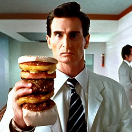 Image similar to patrick bateman eating a double bacon quarterpounder from mcdonalds, and holding a large coke