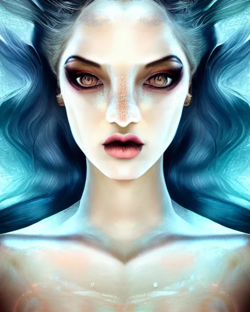 Image similar to portrait of mermaid, zoom, rule of thirds, atmosphere, intricate, vogue, regal, latinas, symmetrical!!, makeup, loreal, maybelline, sephora, loreal, artstation, art by artgerm and gonzalo ordonez arias, moody, concept art, filmic, vsco