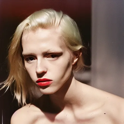 Image similar to realistic photoshoot for a new balenciaga lookbook, color film photography, portrait of a beautiful blonde woman, in style of nan goldin, 35mm