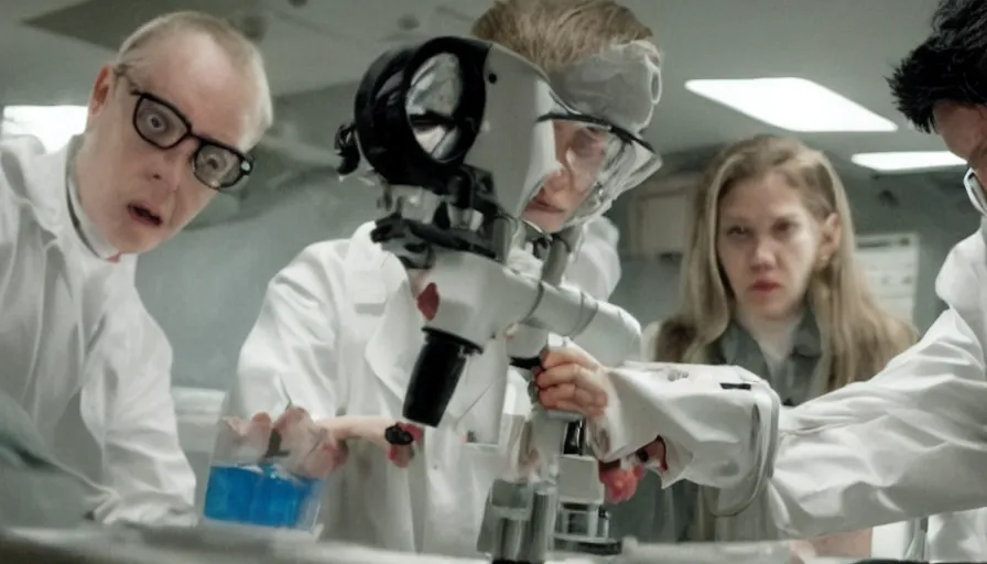 Image similar to Big budget horror movie, a scientist with a squid examines that squid under the microscope