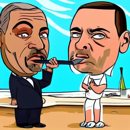 Prompt: Andrzej Duda smoking a joint with Snoop Dogg in the swimming pool,Cartoon style