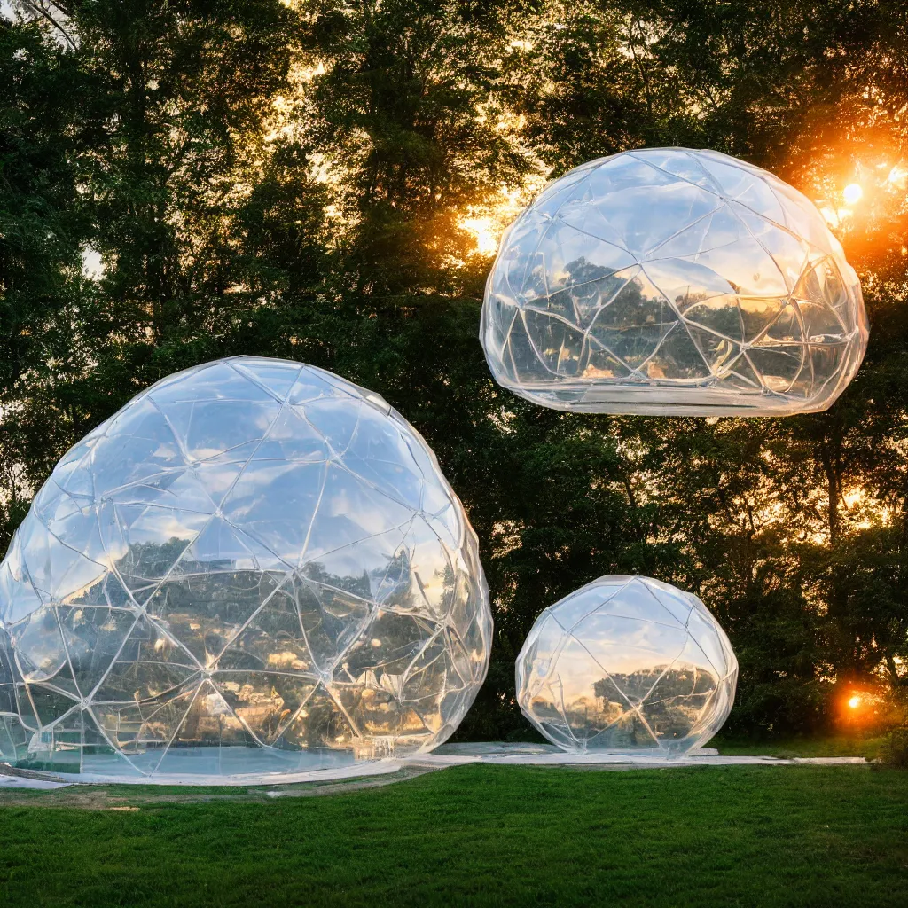 Prompt: an inflatable geodesic house made of clear plastic sheeting. The house is made of 3 inflated bubbles. It is sunset and the bubble house glows from within. The inflated house is at the edge of a forest. ultra wide shot, Corona render, 8k, photorealistic