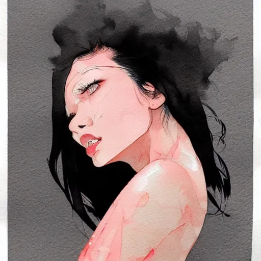 Image similar to portrait of very beautiful young filipino woman, smoke, dark background, by conrad roset, watercolor trending on artstation