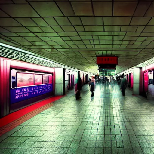 Prompt: Japanese subway station, Colorful, moody, realistic