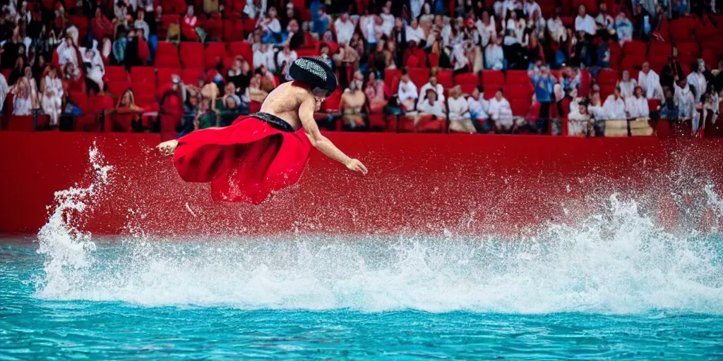 Prompt: a bullfighter swimming in a red ocean