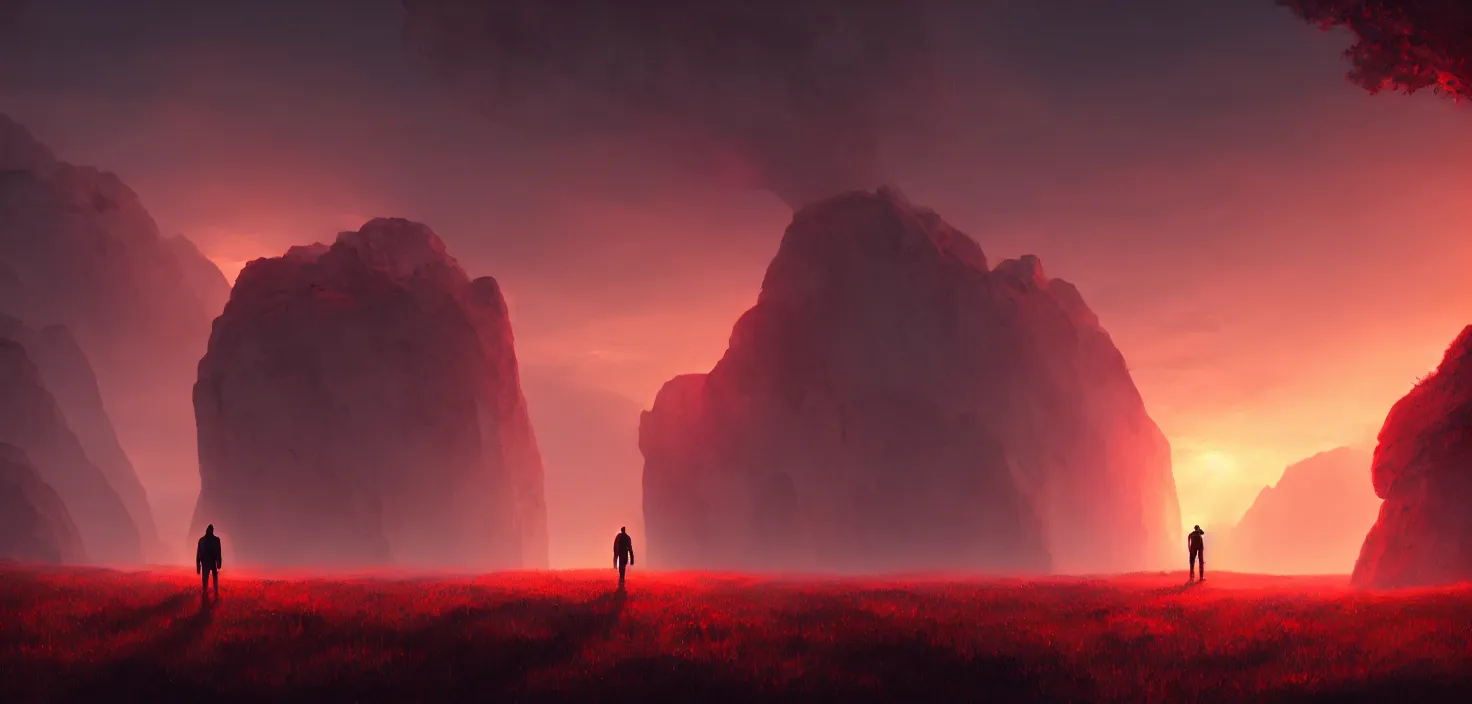 Prompt: man standing at the sacred stones and looking at the red light in front of him, cinematic view, detailed, vector art, high detail, warm lighting, volumetric, godrays, vivid, beautiful, trending on artstation, by jordan grimmer, huge scene, grass, art greg rutkowski