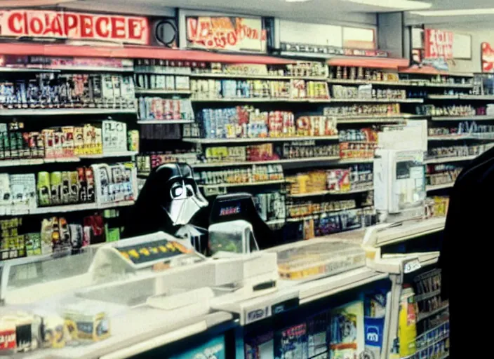 Prompt: film still of Darth Vader working as a clerk in a convenience store in the new Clerks movie 1994