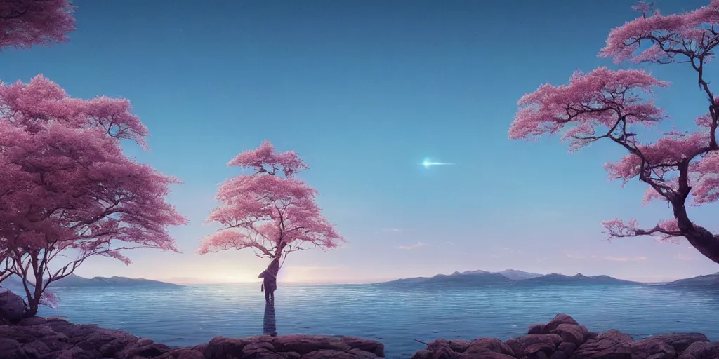 Image similar to vanishing point a single sakura tree upon a lake, viewed from afar, stephen bliss, unreal engine, illustration, fantasy art by greg rutkowski, loish, rhads, ferdinand knab, makoto shinkai and lois van baarle, ilya kuvshinov, rossdraws, tom bagshaw, global illumination, radiant light, minimalist, detailed and intricate environment