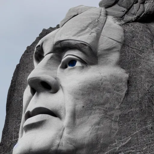 Prompt: the rock as face on mount rushmore, handheld photograph