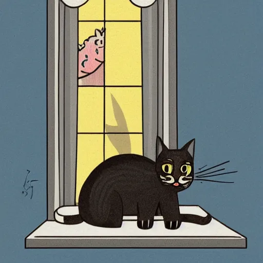 Image similar to illustration of a cat with a black spot on her trunk in an old house with a window next to the blue sky , trending on artstation, trending on deviantart