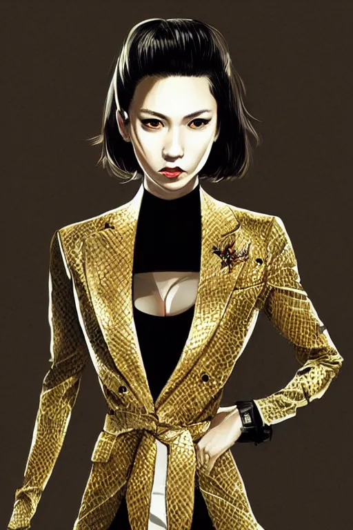 Image similar to yakuza slim girl, gold suit jacket in snake print, jacket over bare torso, yakuza tattoo on body, black short curtain haircut, black leather pants with black belt, portrait, elegant, 2d, ultra highly detailed, digital painting, smooth, sharp focus, artstation, art by Ilya Kuvshinov, rossdraws