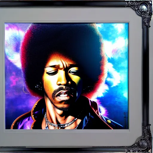 Image similar to uhd photorealistic portrait of ryan reynolds as jimi hendrix, by amano, ayami kojima, greg rutkowski, lisa frank, mark brooks, and karol bak, masterpiece, cinematic composition, dramatic pose, studio lighting, correct face, hyperdetailed, intricate details