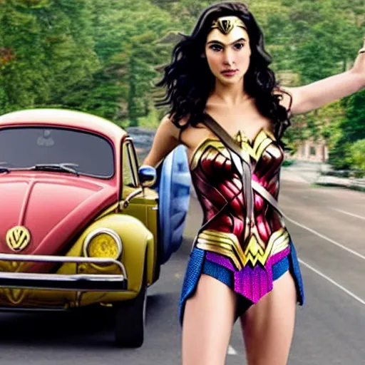 Prompt: gal gadot's wonder woman lifting a yellow volkswagen beetle over head, while standing in the middle of an intersection, hyperreal - n 4