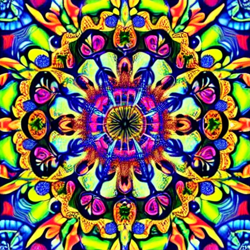 Image similar to vividly colored ornate psychedelic mandala pattern, intricate detail, complex patterns, high detail, symmetry