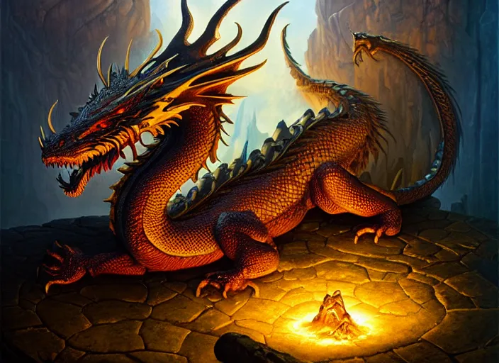 Prompt: dragon asleep on a pile of treasure, dramatic light, dungeon background, treasure, gold, jewels, treasure pile, high detail, fantasy background, painted todd lockwood, jeff easley, greg rutkowski, james gurney, artgerm, digital art, trending on artstation