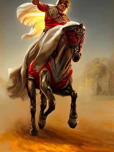 Image similar to a olimpic greek hero, laurels of glory, returns triunphantly mounted in a horse. full of pride. victorirous. prideful.. intricate, elegant, highly detailed, digital painting, artstation, concept art, sharp focus, illustration, by justin gerard and artgerm, 8 k