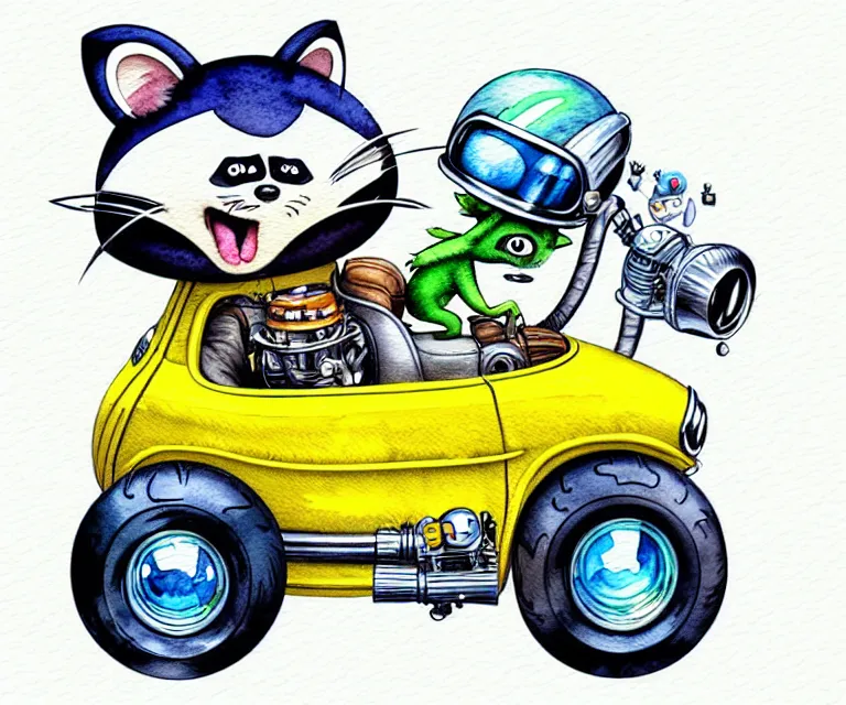 Image similar to cute and funny, racoon wearing a helmet riding in a tiny hot rod with oversized engine, ratfink style by ed roth, centered award winning watercolor pen illustration, isometric illustration by chihiro iwasaki, edited by range murata, details by artgerm