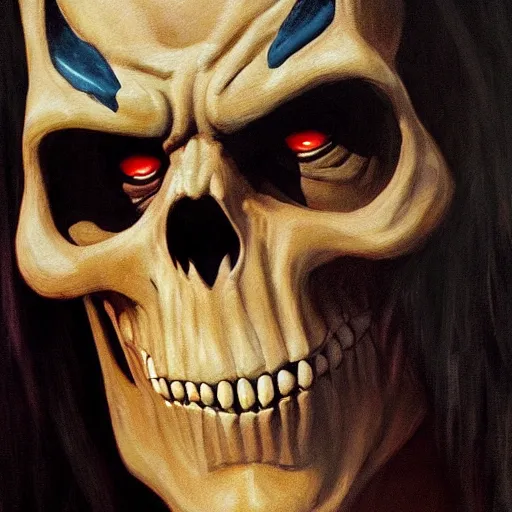 Image similar to ultra realistic portrait painting of skeletor as wolverine, art by frank frazetta, 4 k, ultra realistic, highly detailed, epic lighting