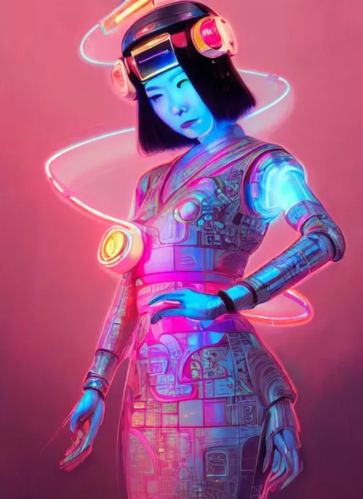 Image similar to wide angle portrait shot of female japanese android wearing a vr headgear and in an elaborate kimono dress, hologram hovering around her, intricate detail, cyber neon lighting, highly detailed, artstation, glamor pose, concept art, art by peter mohrbacher and artgerm and james jean, pinterest, artstation,