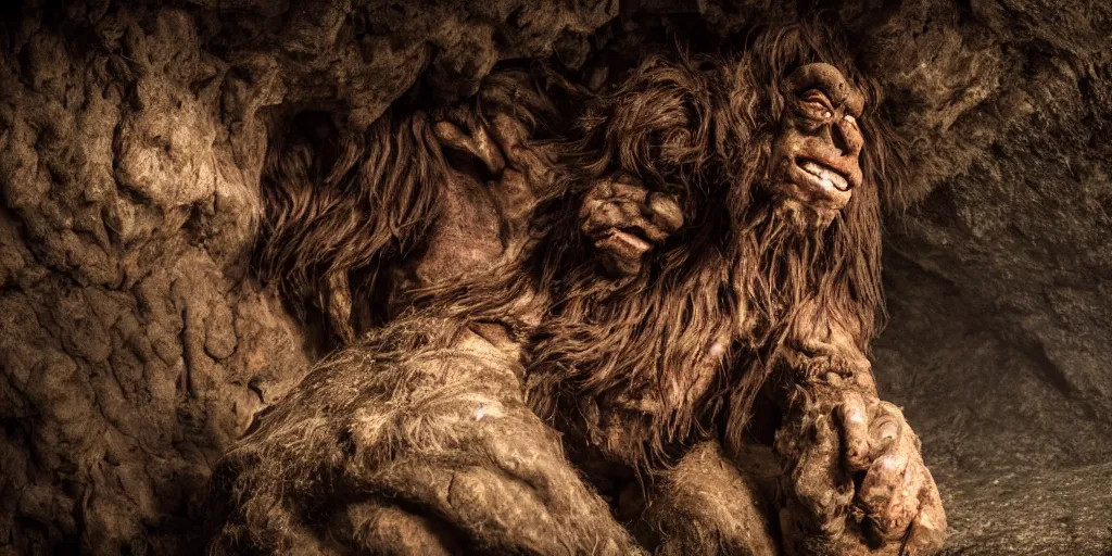 Image similar to a giant cave troll, 8 k, moody lighting, shallow depth of field,