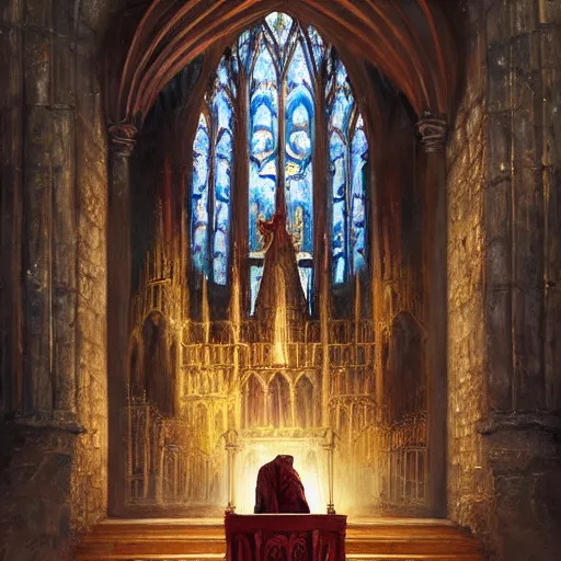 Prompt: Human skeleton, majesty in noble clothes, king resting on a throne inside a cathedral, old castle, oil painting, by Fernanda Suarez and Greg Rutkowski