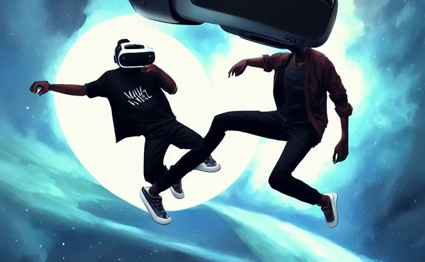 Image similar to handsome black genius hacking the metaverse, vr headset, white t - shirt and jordans, flying through spacetime, exploding nebulae, highly detailed, digital painting, artstation, concept art, smooth, sharp focus, illustration, art by wlop, mars ravelo and greg rutkowski