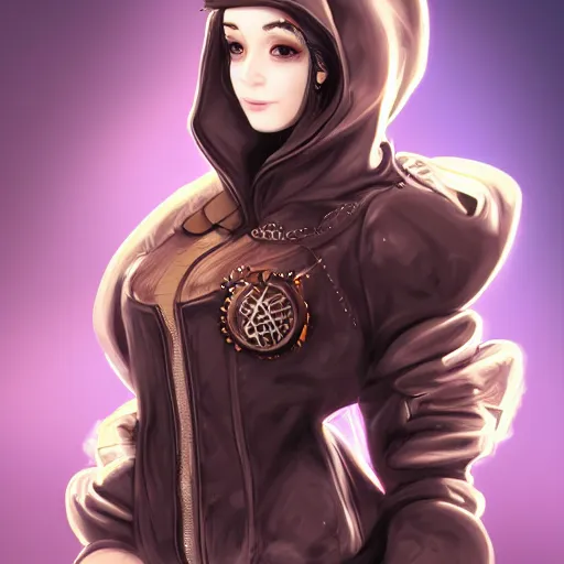 Prompt: character portrait of a cute steampunk girl in a hoodie, highly detailed, arstation, art, professional, cyberpunk