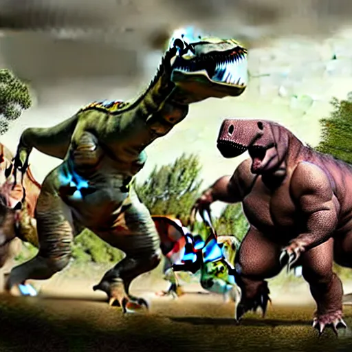 Image similar to A large dinosaur! fighting with several realistic detailed cavemen with proportioned bodies, next to the dinosaur are cavemen, the cavemen are armed with spears, the caveman are in a fighting stance, the cavemen are wearing animal furs, one caveman is stabbing the dinosaur with his spear, one caveman is cowering in fear, coarse canvas, visible brushstrokes, intricate, extremely detailed painting by William Turner (and by Greg Rutkowski)