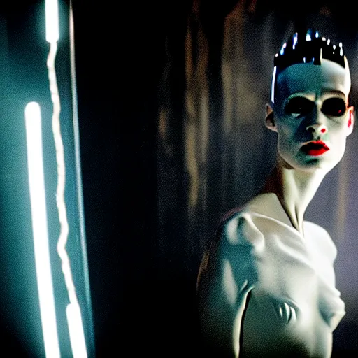 Prompt: cinematic portrait of kristen mcmenamy as bride of frankenstein as a replicant in a busy nightclub, surprised, still from the movie ex machina, fashion photography, a sign is in the background, 8 k, high detail, face in focus