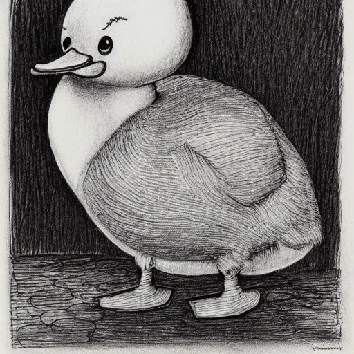 Image similar to cute duck detailed micron drawing illustrated by stephen gammell, maurice sendak, graham ingels