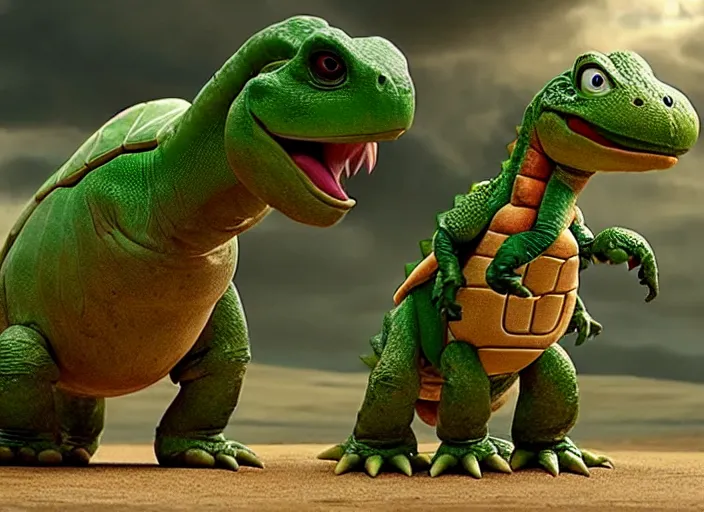 Image similar to film still of yoshi in the new sci - fi movie, cute upright standing upright upright dinosaur standing on its hind legs with a small turtle shell and long tongue, 8 k