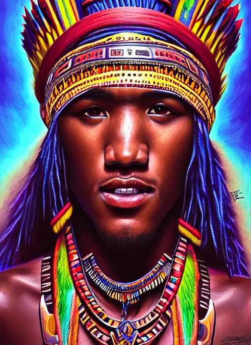 Image similar to portrait of jessie usher, hyper detailed ultra sharp aztec shaman warrior. trending on artstation, warpaint aesthetic, bloodwave, colorful, psychedelic, ornate, intricate, digital painting, concept art, smooth, sharp focus, illustration, art by artgerm and greg rutkowski and h. r. giger, 8 k