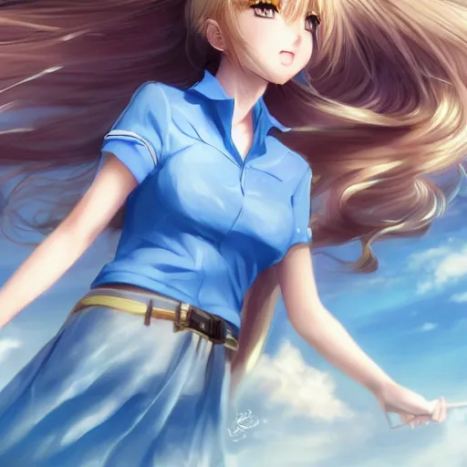 Image similar to a very beautiful anime mature girl, full body, long wavy blond hair, sky blue eyes, full round face, short smile, fancy top, miniskirt, front view, medium shot, mid-shot, highly detailed, cinematic wallpaper by Stanley Artgerm Lau