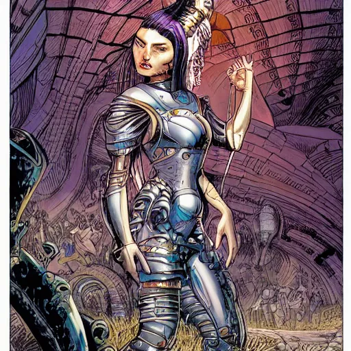 Prompt: precisely drawn illustration of a female divine machine intelligence, wide angle, sharp, fine details, french comic style, vibrant realistic colors, full color, heroic fantasy, intense line art, 8 k, precise linework, realistic, in the style of heavy metal comics and richard corben and moebius