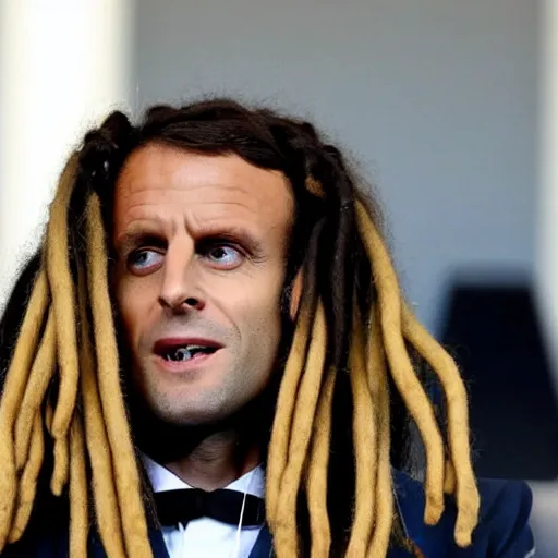 Prompt: Emmanuel Macron with dreadlocks wig at G20, long dreadlocks, lots of dreadlocks on the head, Rasta dreadlocks Macron